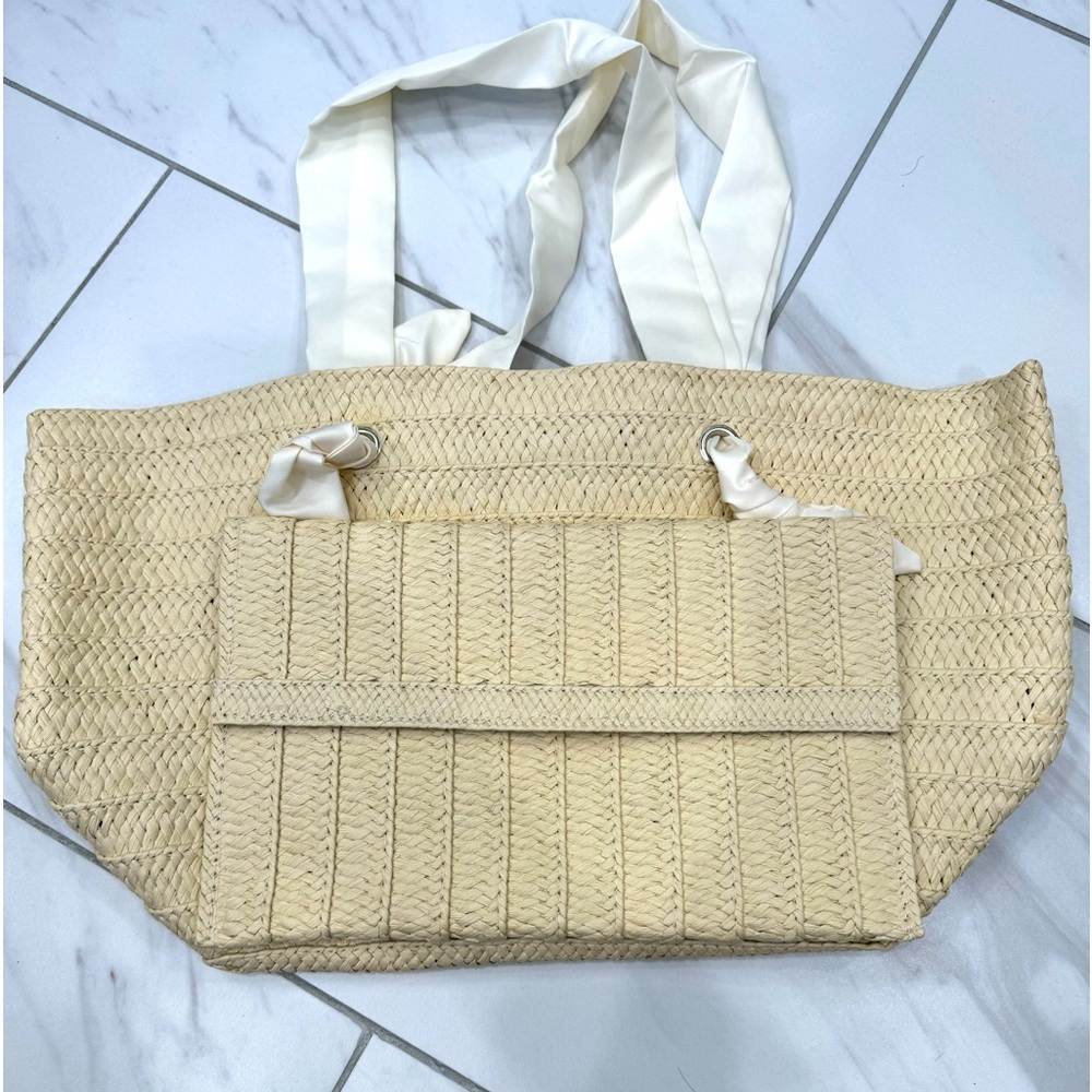 Straw Beach Tote and Clutch Set With Fabric Handle👝👜
